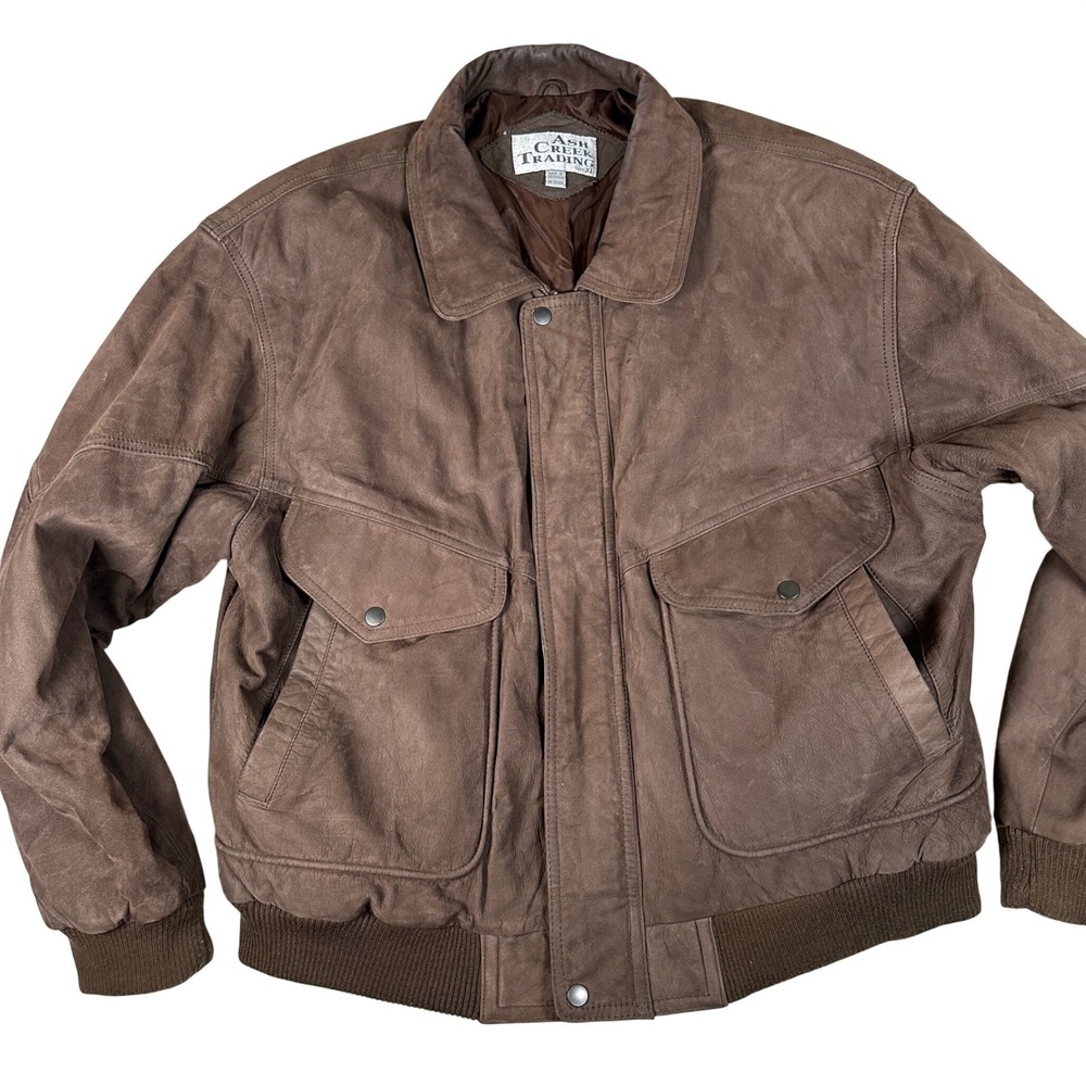 Ash Creek Trading Mens XL‎ Brown Genuine Leather Bomber Flight Jacket Vintage